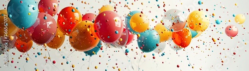 Imagine a high-angle view photographing a burst of colorful balloons exploding against a neutral background, symbolizing joy and celebration for a party supply advertisement photo