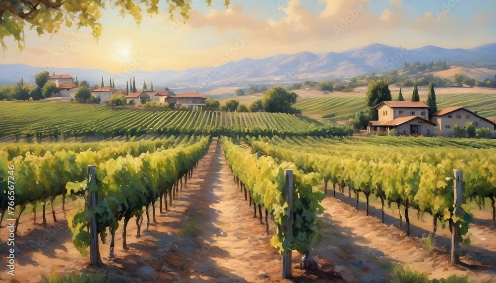 Serene Sun Drenched Vineyard With Rows Of Grapevi Upscaled 2