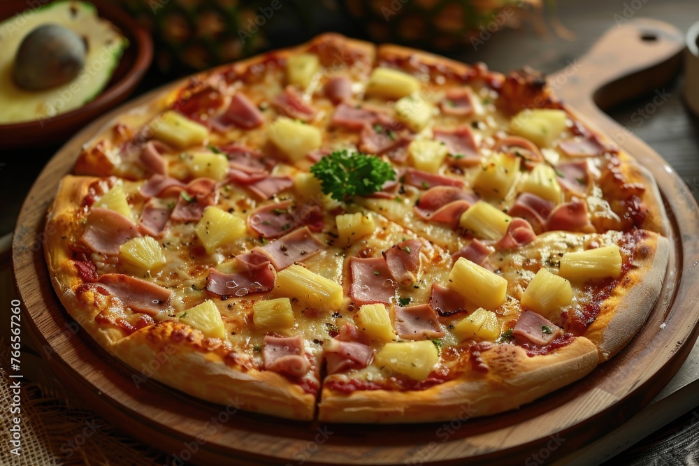 A Hawaiian pizza with ham and pineapple toppings sits on a wooden board. The pizza is cut into slices and is ready to be eaten