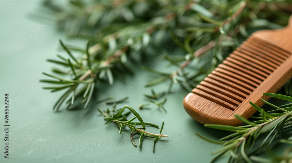 A wooden comb, rosemary on an olive background with copy space. Hair care concept.