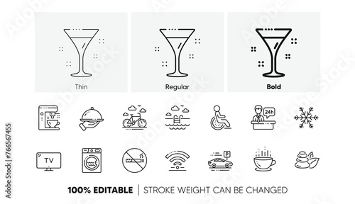 Wi-Fi, Air conditioning and Coffee maker machine. Hotel service line icons. Spa stones, swimming pool and hotel parking icons. Linear set. Line icons set. Vector
