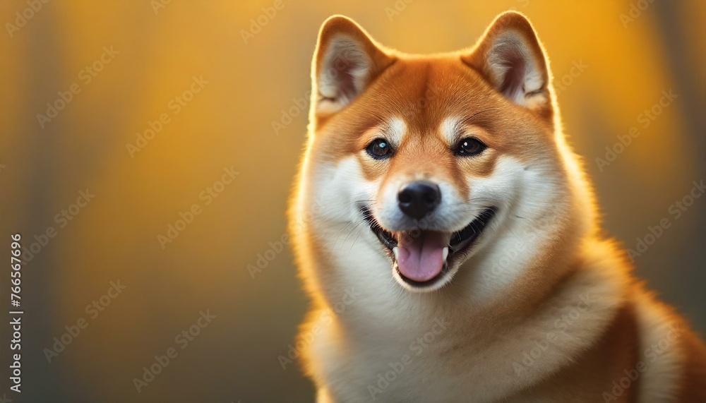 Happy smiling shiba inu dog isolated on yellow orange background with copy space. Red-haired Japanese dog smile portrait
