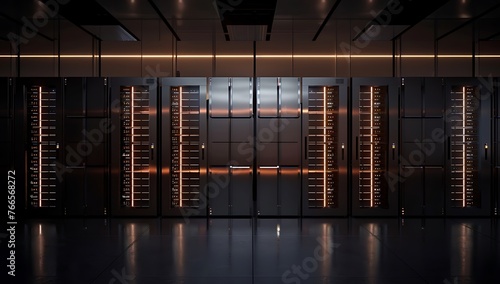 Data center dark with glowing servers. Data server room. cyberspace, networking, data protection & privacy concepts. 3d rendering. illustration.
