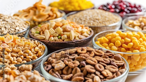 A variety of different types of food in bowls, including nuts, cereal, and crackers. The bowls are arranged in a row, with some bowls containing more food than others. Scene is one of abundance