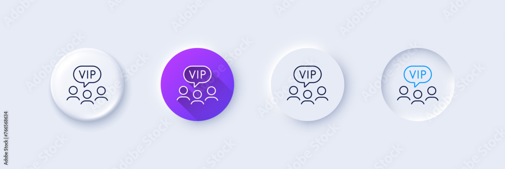 Vip clients line icon. Neumorphic, Purple gradient, 3d pin buttons. Very important person sign. Member club privilege symbol. Line icons. Neumorphic buttons with outline signs. Vector Vip clients line icon. Neumorphic, Purple gradient, 3d pin buttons. Very important person sign. Member club privilege symbol. Line icons. Neumorphic buttons with outline signs. Vector