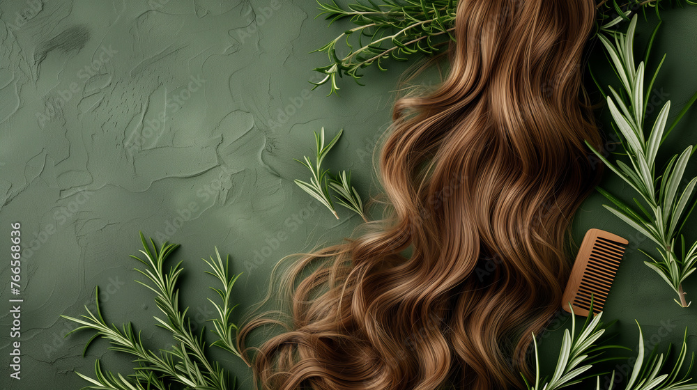 A strand of long hair, a wooden comb, rosemary on an olive background with copy space. Hair care concept.
