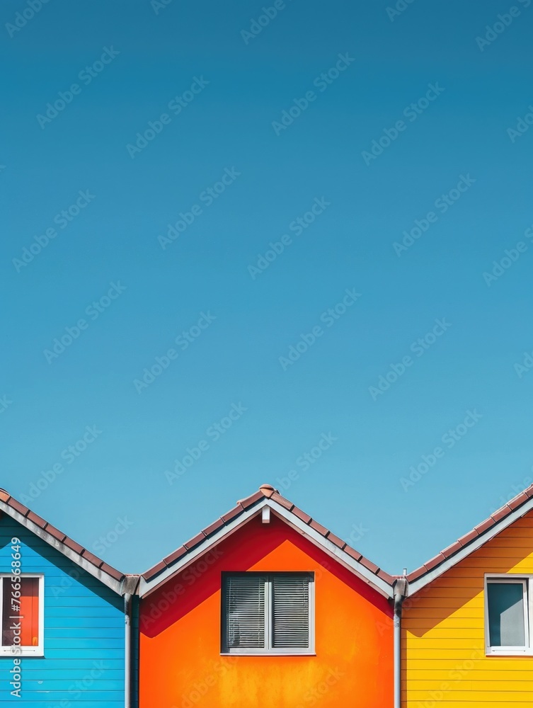 Three colorful houses with blue, red, and yellow roofs sit on a blue sky. The houses are arranged in a row, with the blue house on the left, the red house in the middle