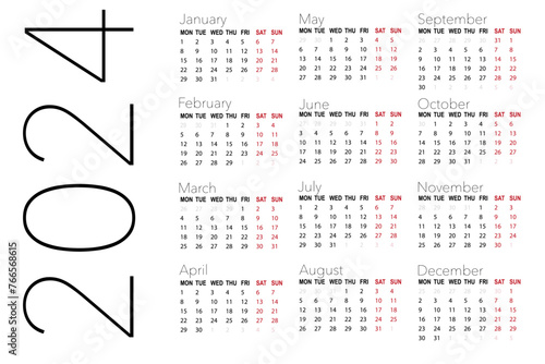 Calendar 2024, all months, vector, black, gray, red