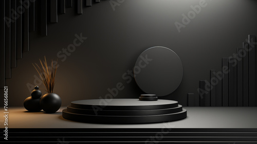 Black product background stand or podium pedestal on advertising with black background

