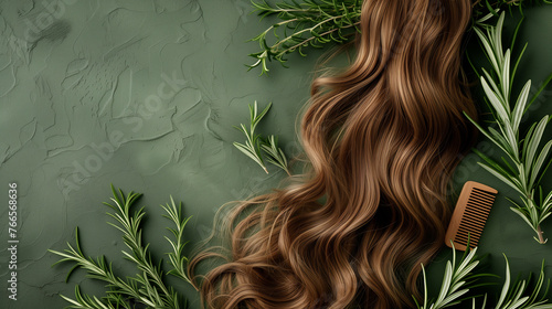 Obraz na płótnie A strand of long hair, a wooden comb, rosemary on an olive background with copy space. Hair care concept. w salonie