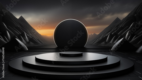 Black product background stand or podium pedestal on advertising with black background

