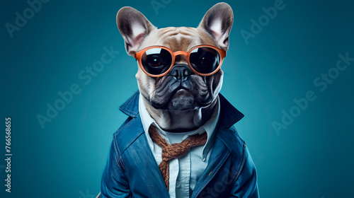 a dog wearing glasses and clothes, dog with glasses on blue background, stylish dog © Gomez