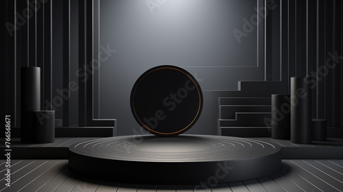 Black product background stand or podium pedestal on advertising with black background


