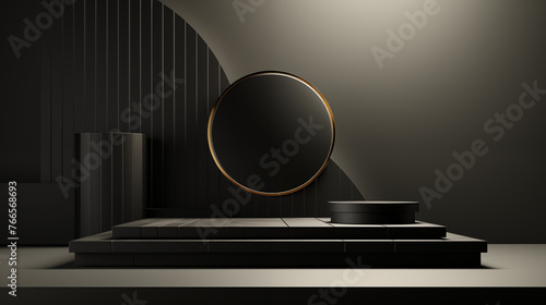 Black product background stand or podium pedestal on advertising with black background

