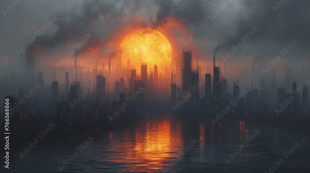 Obraz premium A smog-filled skyline with towering skyscrapers silhouetted against a dramatic orange sun setting over a calm body of water, invoking a sense of an apocalyptic future