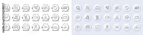 Voice wave, Vaccination schedule and Management line icons. White pin 3d buttons, chat bubbles icons. Pack of Trade infochart, 360 degrees, Chemistry dna icon. Vector