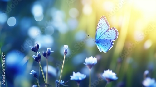 Blue flowers in field with beautiful flying butterflies. Summer and spring meadow concept with soft natural light.