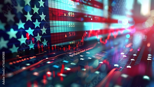 Abstract virtual financial technical graph hologram on USA flag and cityscape background, forex and investment concept. Global economy, stock exchange. Multiexposure. photo