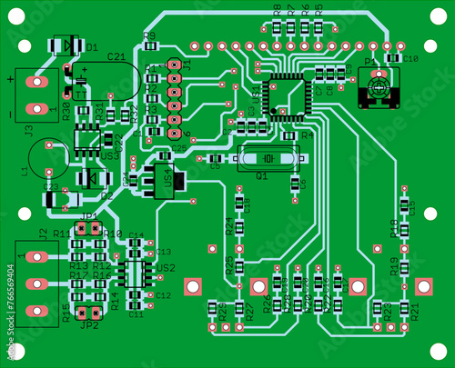 Vector printed circuit board of electronic 
device with components of radio elements, 
conductors and contact pads placed on it. 
Engineering technical drawing. Electric background.
Pcb design.