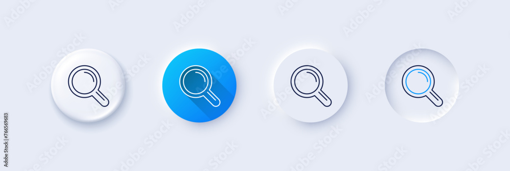 Research line icon. Neumorphic, Blue gradient, 3d pin buttons. Magnifying glass symbol. Magnifier sign. Line icons. Neumorphic buttons with outline signs. Vector Research line icon. Neumorphic, Blue gradient, 3d pin buttons. Magnifying glass symbol. Magnifier sign. Line icons. Neumorphic buttons with outline signs. Vector