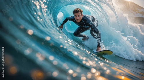 Surfer in Wetsuit Riding a Glistening Barrel Wave © SpiralStone