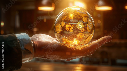 Financial Vision: Businessman Holding Crystal Ball with Floating Symbols