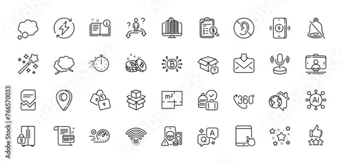 Locks, Selfie stick and Renewable power line icons pack. AI, Question and Answer, Map pin icons. Speech bubble, Talk bubble, Manual web icon. Speedometer, Payment card, Mute pictogram. Vector