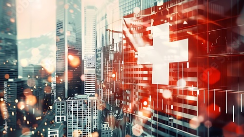 Switzerland flag and country's economy financial graphs. Swiss country, Switzerland global economic influence. Double exposure. Inflation, deflation, profit & loss, Business, banking, Investment. photo