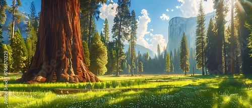 Giant sequoia trees in a meadow at Mariposa Grove Yosemite National Park, California, USA - Generative AI photo