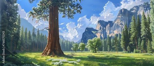 Giant sequoia trees in a meadow at Mariposa Grove Yosemite National Park, California, USA - Generative AI photo