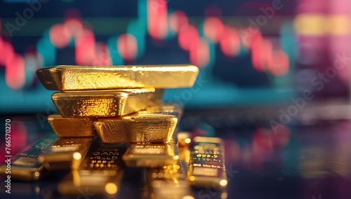 Gold bullion against stock market charts. Gold market financial data price rate shown through candlestick charts, Gold bullion business investments & assets. Digital gold stock.
