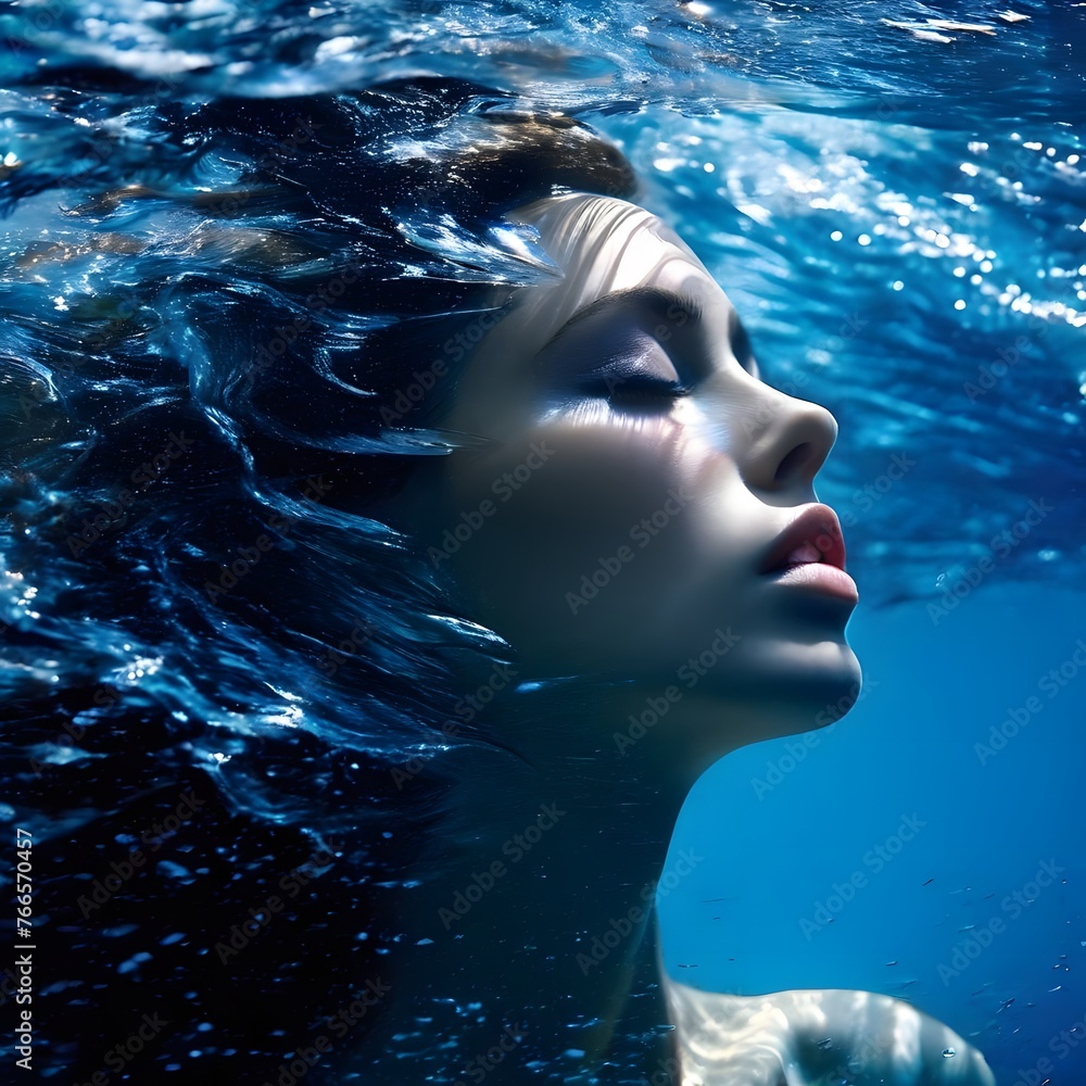 Thе captivating underwater realm, where a woman's serene visage emerges from the rippling azure depths, her features radiating a sense of tranquility and connection with the watery surroundings.
