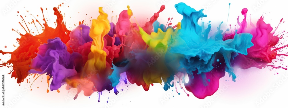 Colorful paint splashes. Rainbow watercolor paint explosion isolated on a white background.