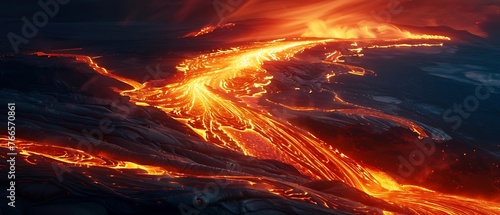Volcano Erupting: lava field, fiery magma flow, molten rock volcanic landscape - Generative AI