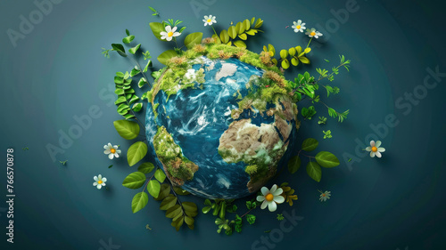 Globe 3D style surrounded by greenery leaves and flowers environmental concept
