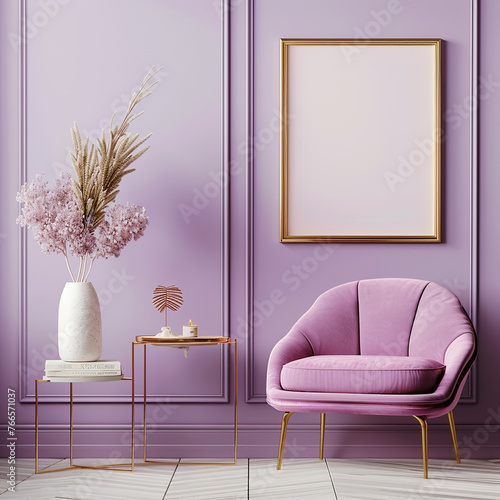 A chic empty frame mockup against a trendy lavender pink wall, adding a touch of elegance and femininity to the room, creating a soft and inviting ambiance.