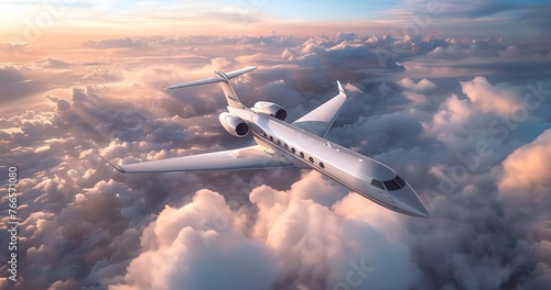 Private Airplane Jet: White Luxury generic design private jet flying over the earth. Empty blue sky with white clouds background. Business Travel Concept. Horizontal. 3D rendering photo