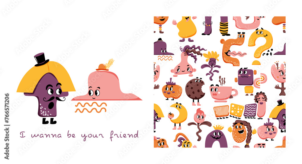 Baby pattern with Cute characters. Childish print. Vector background. Card. Doodles for kids. Perfect for printing on the fabric, design package and cover Baby pattern with Cute characters. Childish print. Vector background. Card. Doodles for kids. Perfect for printing on the fabric, design package and cover