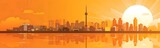 Vector flat of a city skyline at sunset, simple vector graphic illustration. orange and white colors silhouette of buildings, cityscape background with clouds in the sky.