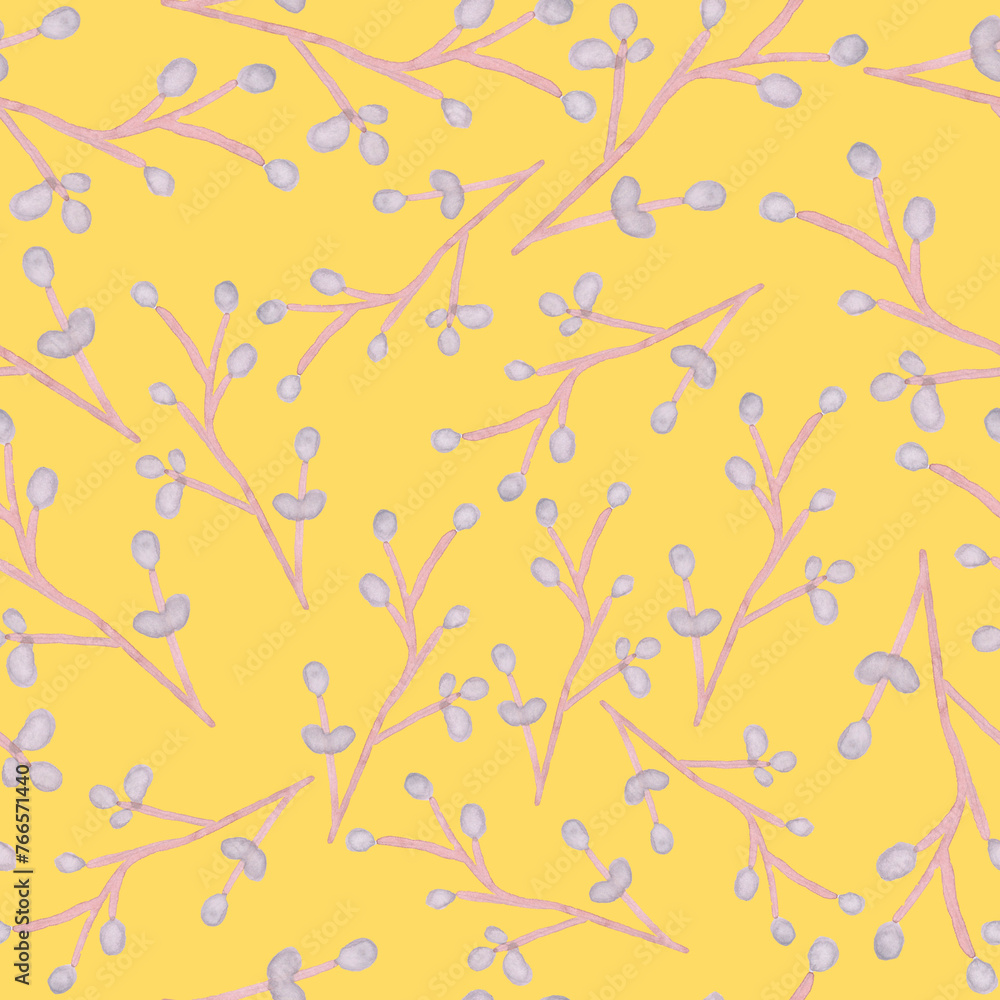seamless pattern watercolor drawing plant elements branches on a yellow background basis for creativity