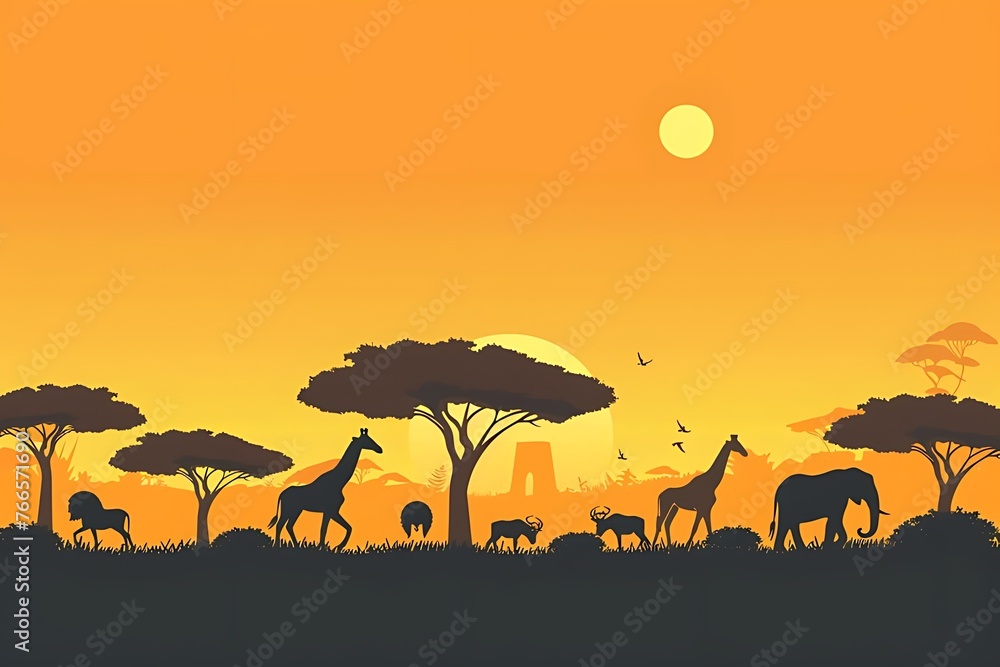 Wild giraffe reaching with long neck to eat from tall tree and red deer relax. sunset giraffe silhouette.