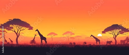 Wild giraffe reaching with long neck to eat from tall tree and red deer relax. sunset giraffe silhouette. African savannah.