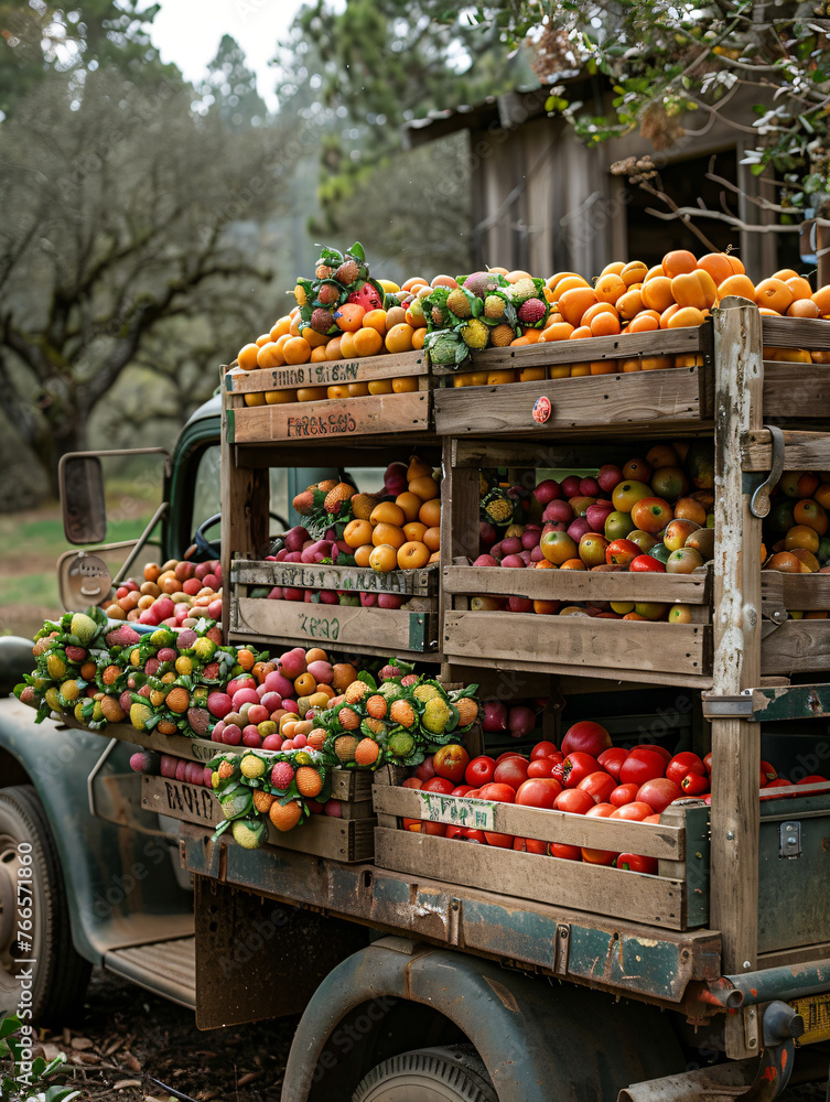Classic Old Pickup Overflowing with Organic Produce. Local Farmer's Bounty Display
