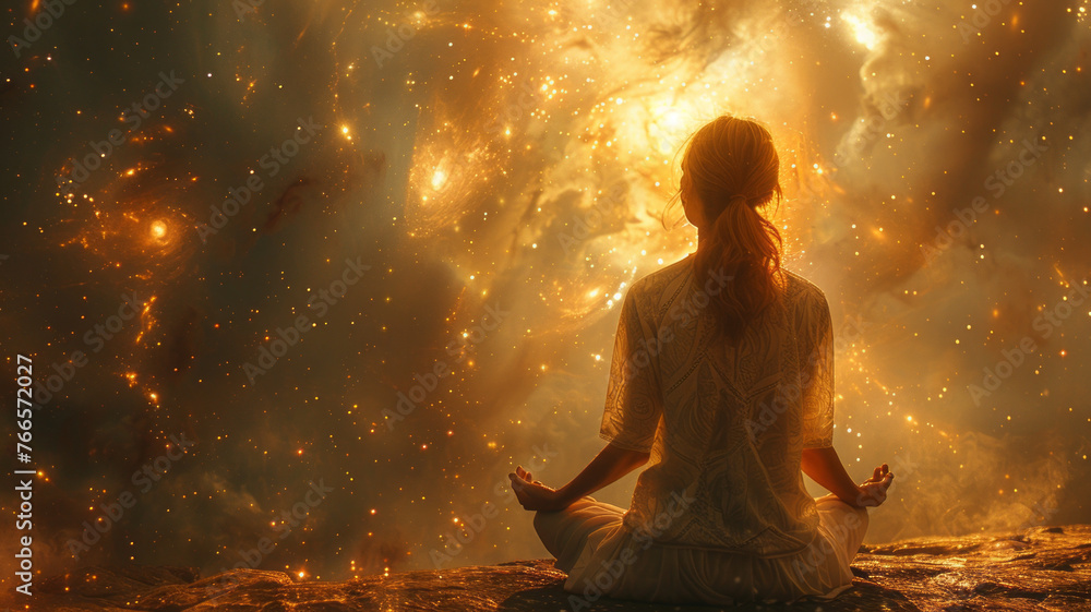 Radiant woman meditates amid cosmic splendor.generative ai Radiant woman meditates amid cosmic splendor.generative ai