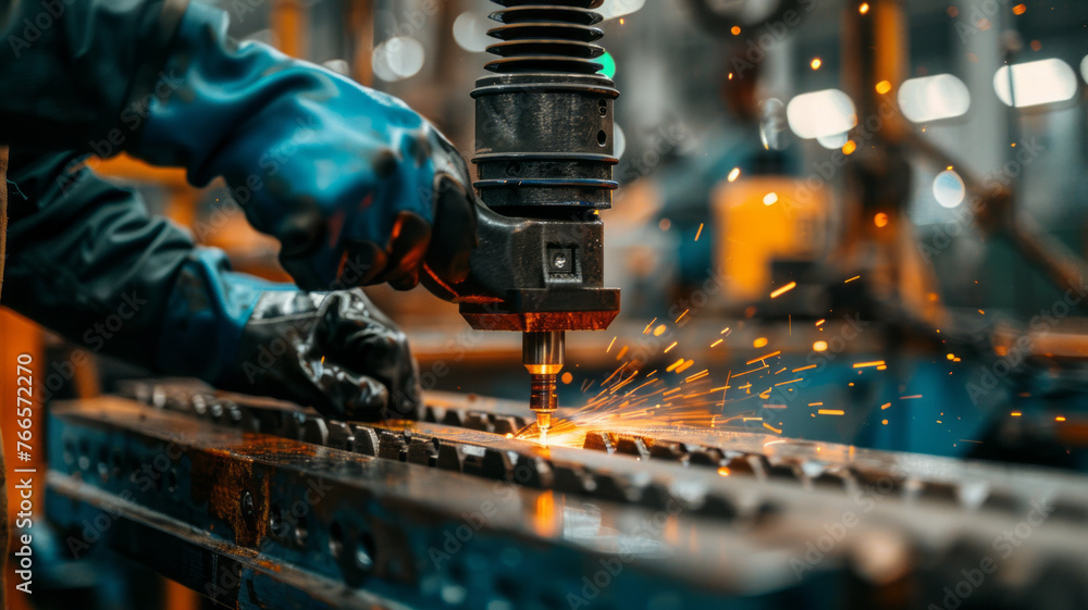 Fototapeta premium a guy in gloves at a factory behind a machine drills holes in iron corners,generative ai