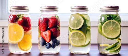 Three transparent jars displaying an assortment of fruits floating in water  showcasing a vibrant mix of flavors and colors