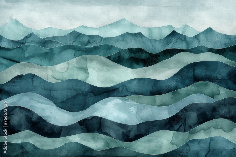 A painting of a mountain range with a blue ocean in the background A painting of a mountain range with a blue ocean in the background
