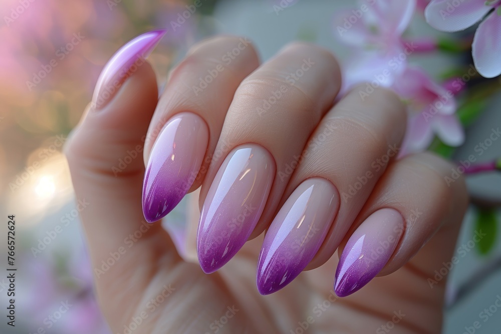 A hand holding a purple and pink manicured fingernail with a purple tip A hand holding a purple and pink manicured fingernail with a purple tip