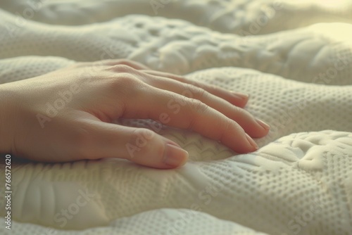 A hand is laying on a white mattress