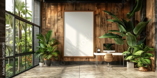 A room with a wooden wall, a desk with a laptop, a white board, plants, and a window.